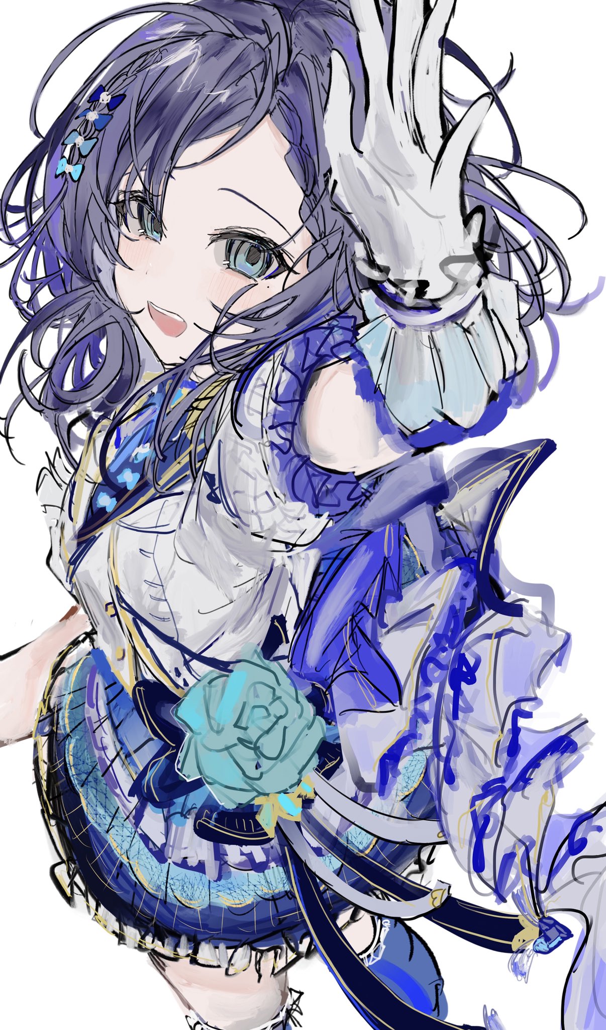 1girl aiba_uiha black_hair blue_eyes blue_flower blue_skirt bow breasts flower from_above gloves hair_bow highres jacket looking_at_viewer nijisanji open_mouth sketch skirt small_breasts smile solo virtual_youtuber white_background white_gloves white_jacket yubisaki_(ms16nr)