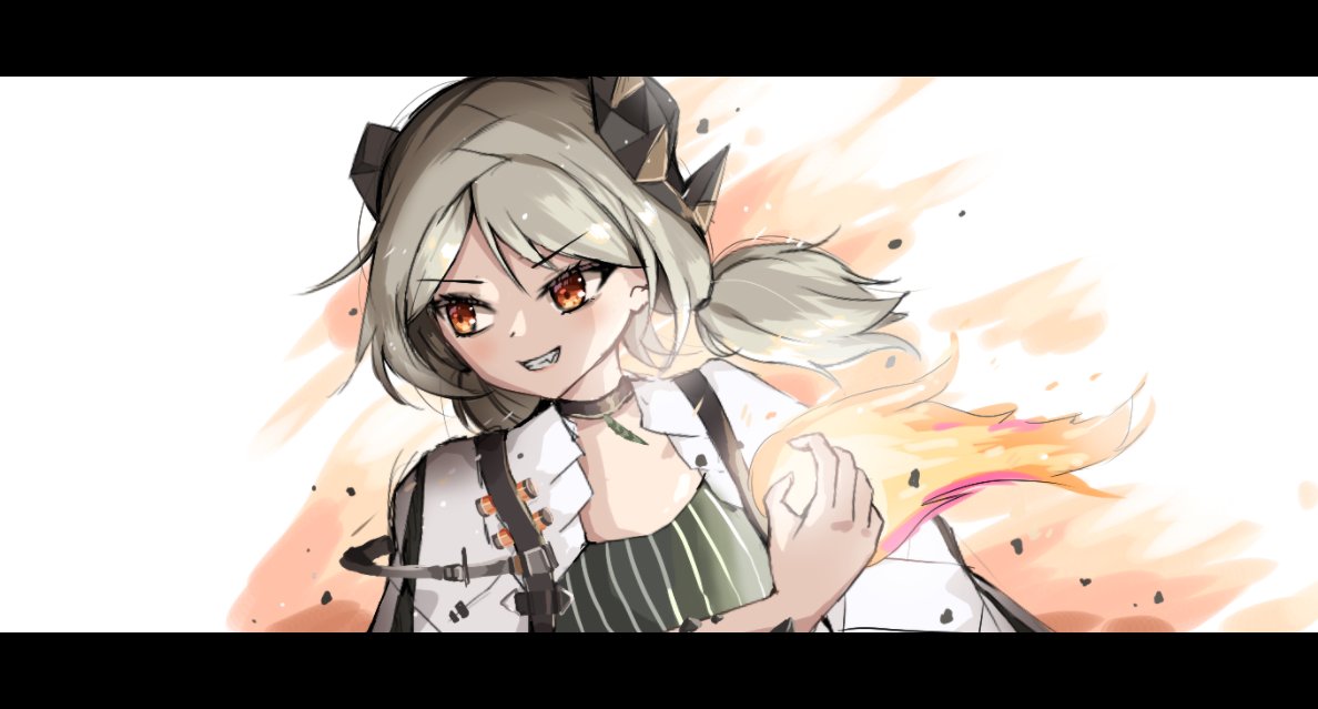 1girl arknights fire horns ifrit_(arknights) nyab orange_eyes white_background white_hair