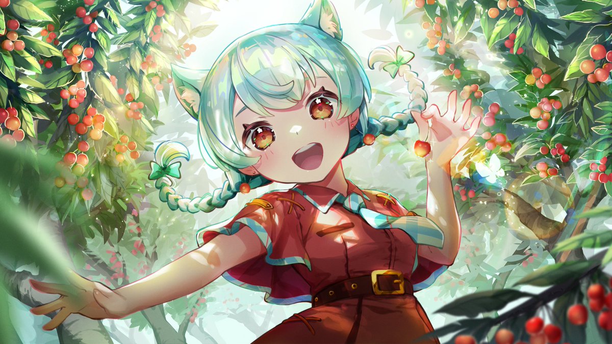 1girl :d animal_ears aqua_bow aqua_hair aqua_necktie belt blurry bow braid brown_belt bug butterfly capelet cat_ears cherry cherry_earrings collared_dress dappled_sunlight depth_of_field dress earrings food food-themed_earrings fruit fruit_tree gaogao_(gaogaomegu) hair_bow hand_up holding holding_food holding_fruit jewelry lens_flare light_blush light_particles looking_at_viewer necktie original outstretched_arm plaid_necktie red_capelet red_dress red_eyes smile solo sunlight teeth tree twin_braids upper_body upper_teeth
