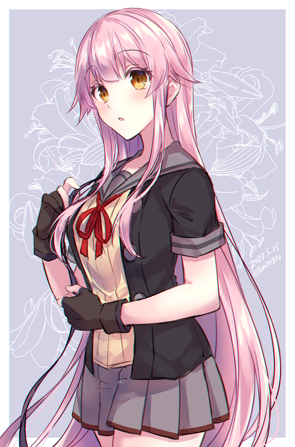 1girl alternate_hairstyle black_gloves black_jacket brown_eyes eyes_visible_through_hair gloves grey_sailor_collar grey_skirt hair_down hair_flaps jacket kabocha_torute kantai_collection long_hair looking_at_viewer neck_ribbon one-hour_drawing_challenge partially_fingerless_gloves pink_hair pleated_skirt red_ribbon ribbon sailor_collar school_uniform serafuku short_sleeves skirt solo very_long_hair yura_(kancolle) yura_kai_ni_(kancolle)