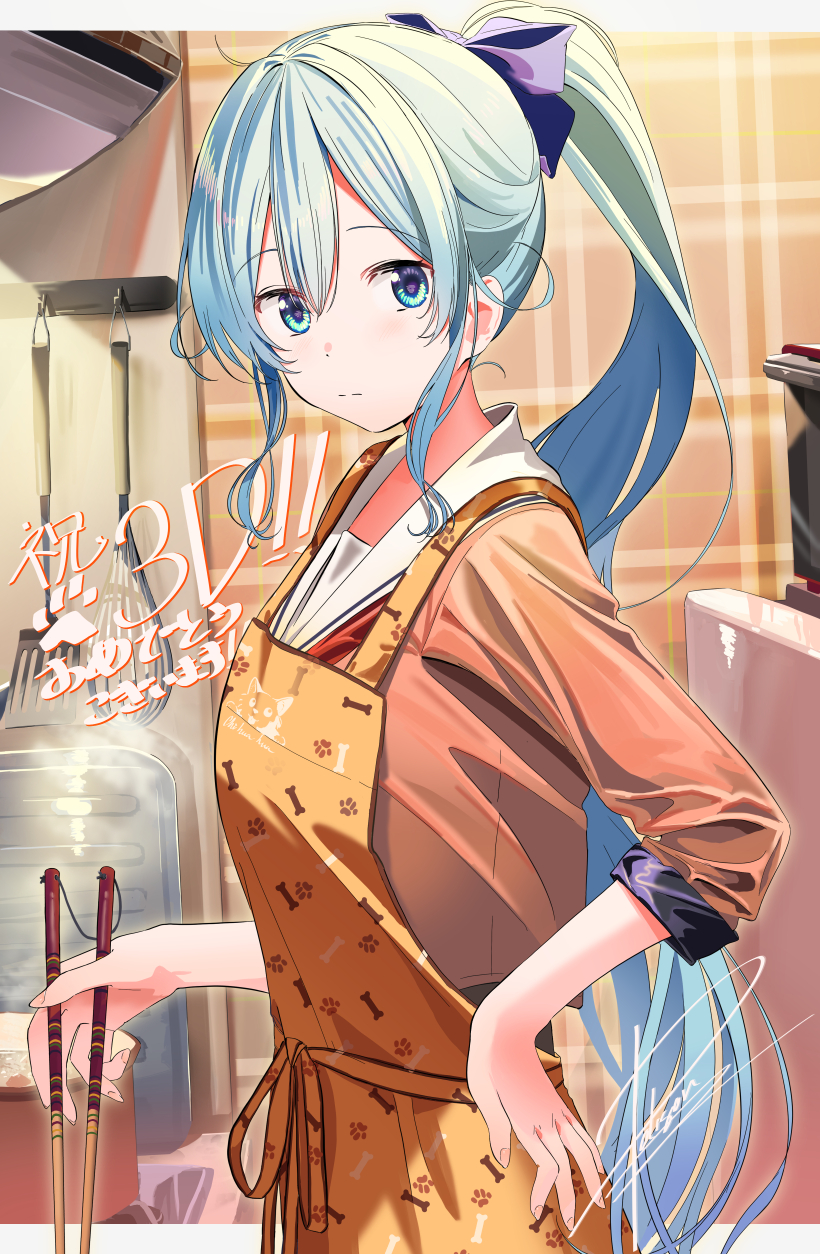 1girl apron bangs blue_bow blue_eyes bow chopsticks eyebrows_visible_through_hair hair_between_eyes hair_bow hand_on_hip highres indoors light_blue_hair long_hair long_sleeves looking_at_viewer neckerchief nijisanji orange_apron orange_shirt poligon_(046) ponytail red_neckerchief sailor_collar school_uniform shirt solo spatula very_long_hair virtual_youtuber white_sailor_collar yukishiro_mahiro