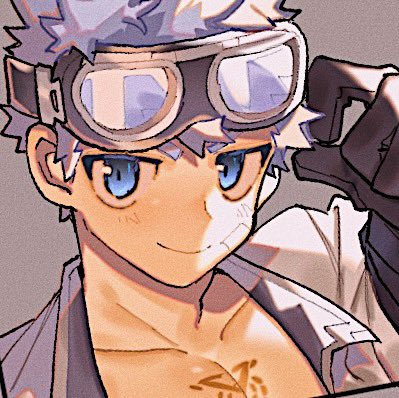 1boy alternate_skin_color bandaid bandaid_on_cheek bandaid_on_face black_gloves blue_eyes chest_tattoo gloves goggles goggles_on_head gomoku_(gomoku418) grey_background isaac_(housamo) lowres male_focus portrait smile solo tattoo tokyo_afterschool_summoners white_hair