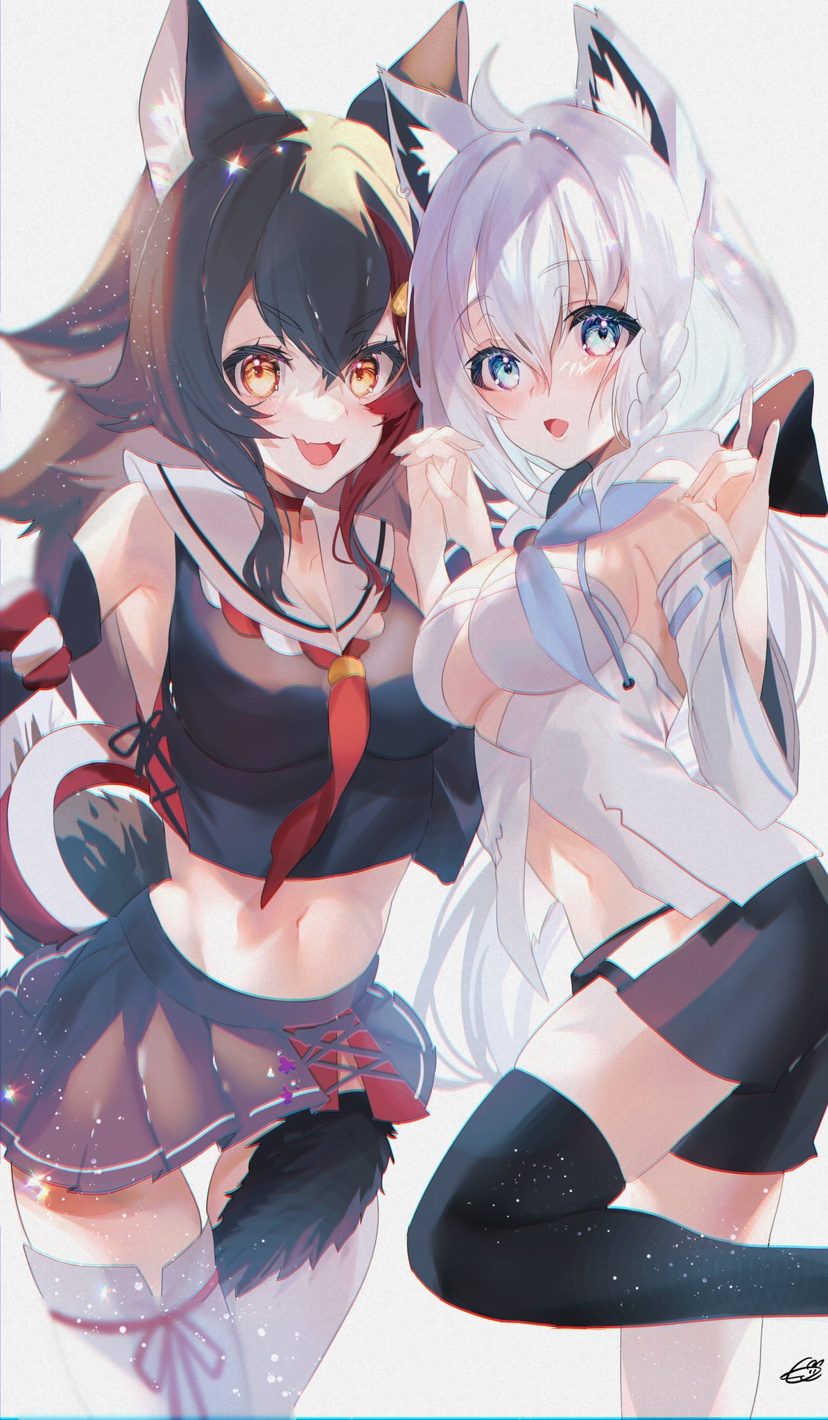 2girls ahoge animal_ear_fluff animal_ears bangs black_bow black_hair black_legwear black_shirt black_shorts black_skirt blue_eyes blue_neckerchief blush bow braid breasts crop_top detached_sleeves eyebrows_visible_through_hair fox_ears fox_girl fox_shadow_puppet hair_between_eyes hair_bow highres holding_hands hololive hood hoodie light_particles long_hair looking_at_viewer midriff moco_(moco_michi) multiple_girls navel neckerchief necktie ookami_mio open_mouth red_necktie redhead shirakami_fubuki shirt short_shorts shorts sidelocks simple_background single_braid single_thighhigh skirt small_breasts smile symbol-only_commentary tail tail_around_leg thigh-highs virtual_youtuber white_background white_hair white_hoodie white_legwear wolf_ears wolf_girl wolf_tail yellow_eyes zettai_ryouiki