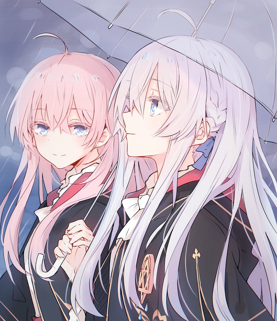 2girls ahoge bangs black_robe blue_eyes braid brooch closed_mouth collared_shirt commentary elaina_(majo_no_tabitabi) eyebrows_visible_through_hair from_side grey_hair hair_between_eyes holding holding_umbrella houki_(majo_no_tabitabi) jewelry lionet0806 long_hair looking_at_another majo_no_tabitabi multiple_girls no_hat no_headwear pink_hair rain shared_umbrella shirt smile transparent transparent_umbrella umbrella upper_body white_shirt