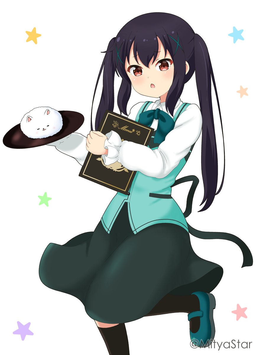 1girl bangs black_hair brown_eyes character_request commentary_request cosplay dress gochuumon_wa_usagi_desu_ka? green_dress hair_ornament highres k-on! long_hair long_sleeves mitya nakano_azusa open_mouth simple_background solo star_(symbol) tippy_(gochiusa) twitter_username white_background x_hair_ornament