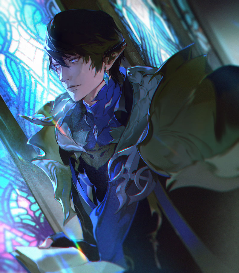 1boy armor aymeric_de_borel bangs black_gloves black_hair blue_eyes blurry book chromatic_aberration closed_mouth earrings elezen elf expressionless film_grain final_fantasy final_fantasy_xiv gloves holding holding_book jewelry male_focus murmurr14 pointy_ears short_hair shoulder_armor solo stained_glass