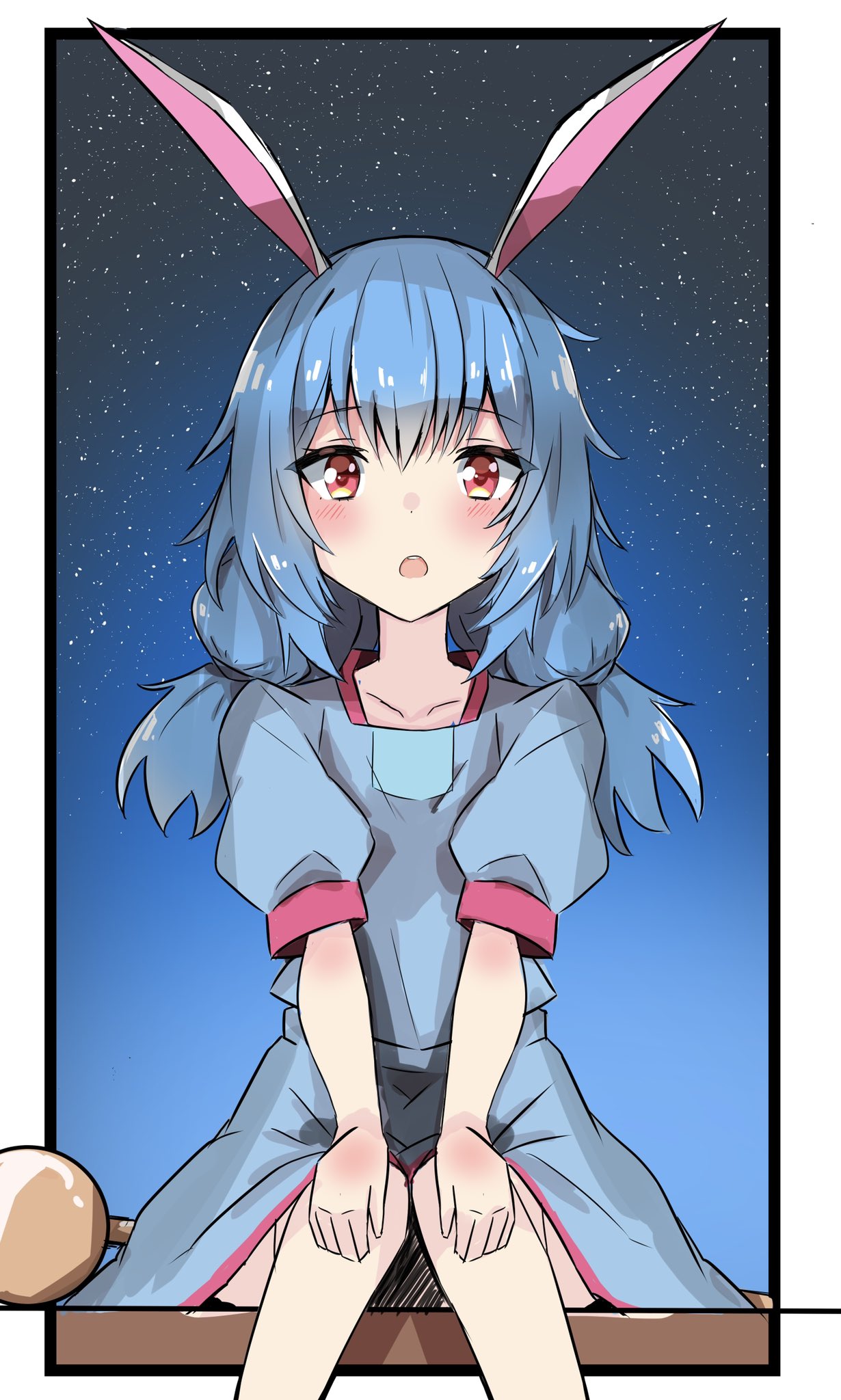 1girl animal_ears bangs blue_dress blue_hair dress eyebrows_visible_through_hair hands_on_own_knees highres kine looking_at_viewer low_twintails mallet medium_hair night night_sky nono54558 one-hour_drawing_challenge open_mouth outdoors outside_border rabbit_ears red_eyes seiran_(touhou) short_sleeves sitting sky solo star_(sky) starry_sky touhou twintails