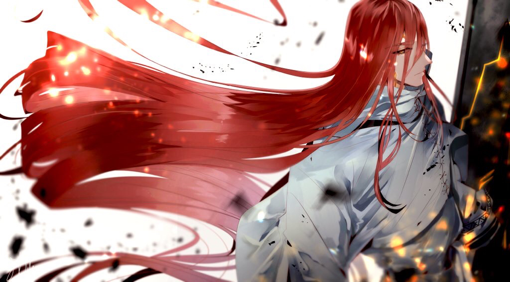 1boy embers long_hair looking_at_viewer male_focus redhead shuumatsu_no_valkyrie simple_background sirofuku414 solo thor_(shuumatsu) very_long_hair white_background