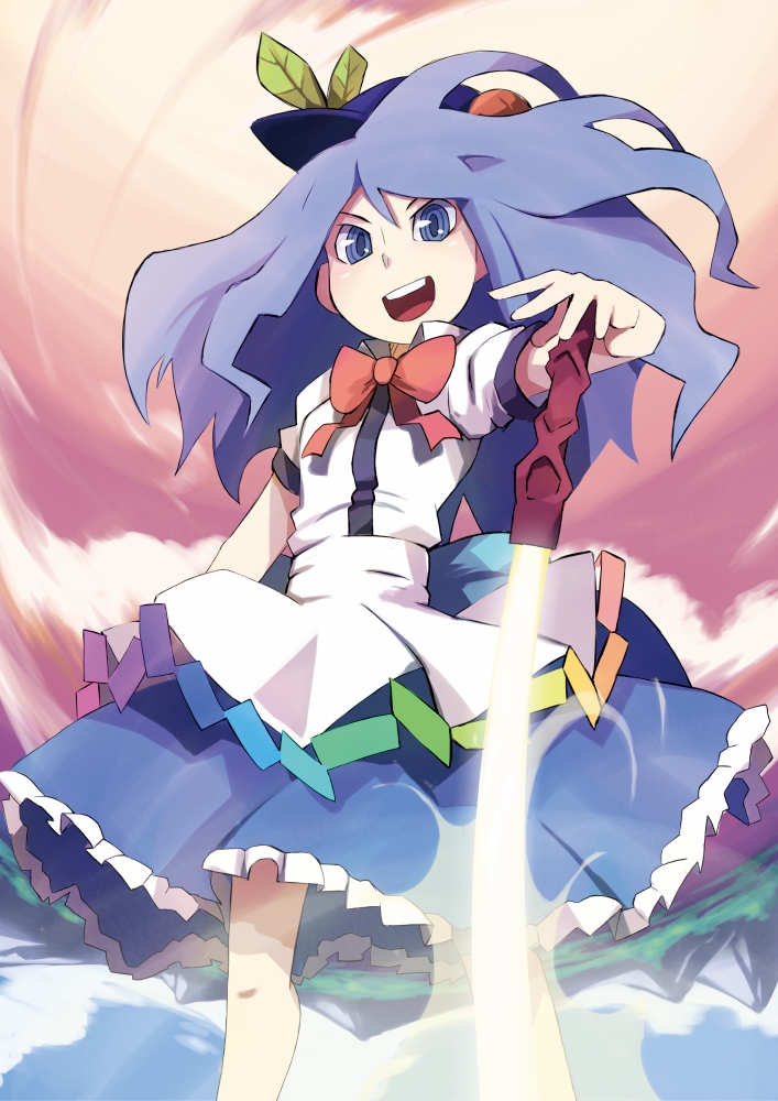 1girl blue_eyes blue_hair blue_skirt bow d@i food fruit hat hinanawi_tenshi leaf long_hair peach puffy_short_sleeves puffy_sleeves rainbow_order red_bow shirt short_sleeves skirt solo source_request sword_of_hisou touhou white_shirt