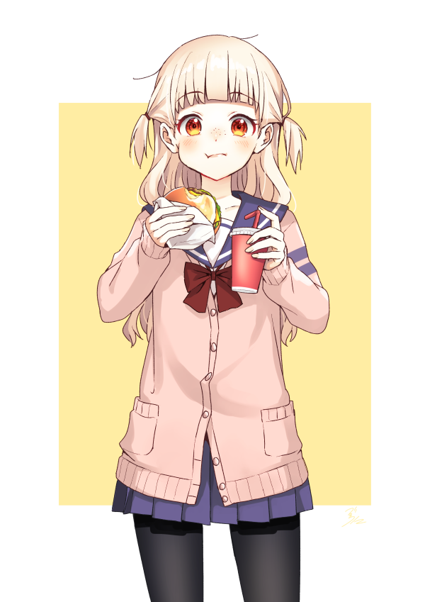 1girl artist_request blonde_hair blush burger collarbone cowboy_shot cup disposable_cup dot_nose eating eyebrows_visible_through_hair food holding holding_food looking_at_viewer orange_eyes original ribbon sailor shiny shiny_hair short_twintails thigh-highs twintails