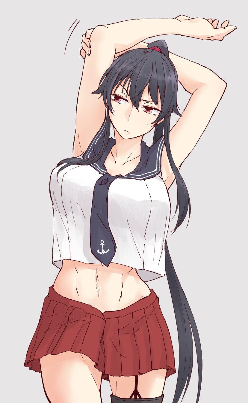 1girl anchor_symbol arms_up bangs black_hair breasts closed_mouth crop_top garter_straps grey_background hair_between_eyes highres kantai_collection large_breasts long_hair midriff pleated_skirt ponytail red_eyes red_skirt rindou_(rindou_annon) sailor_collar simple_background single_thighhigh skirt sleeveless solo stretch symbol-only_commentary thigh-highs toned very_long_hair yahagi_(kancolle)