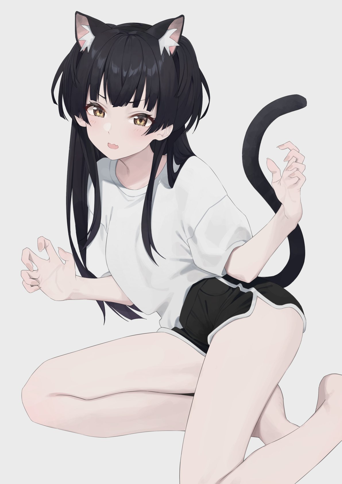 1girl :o animal_ears bare_legs barefoot black_hair black_hairband blush cat_ears cat_tail dolphin_shorts fake_animal_ears fang hairband highres idolmaster idolmaster_shiny_colors looking_at_viewer mayuzumi_fuyuko paw_pose shirt short_shorts shorts simple_background skin_fang solo syhan tail v-shaped_eyebrows white_background white_shirt yellow_eyes