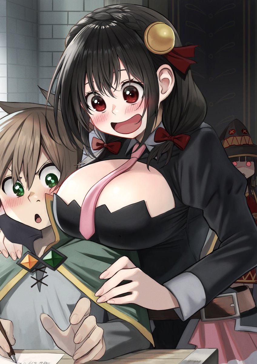 1boy 2girls bangs belt black_hair blush bow braid breasts brown_belt cape commentary_request glowing glowing_eyes green_cape grey_shirt hair_bow hair_ornament hat izawa_(bhive003) kono_subarashii_sekai_ni_shukufuku_wo! large_breasts long_hair long_sleeves looking_at_viewer low_twintails megumin multiple_girls necktie open_mouth paper pink_necktie red_bow red_eyes satou_kazuma shiny shiny_hair shirt skirt table twintails wizard_hat yunyun_(konosuba)