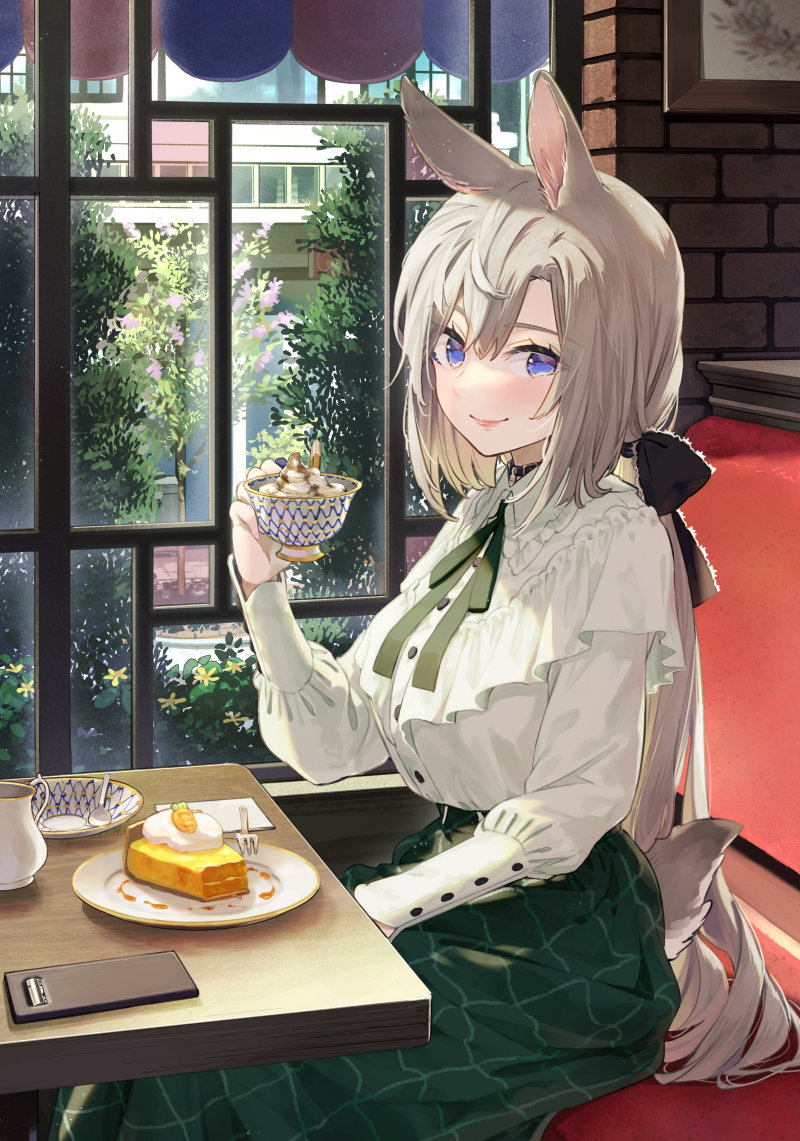 1girl animal_ears bangs black_skirt blue_eyes bush cake cake_slice carrot cellphone closed_mouth eyebrows_visible_through_hair food fork high-waist_skirt indoors light_brown_hair long_hair long_sleeves original phone shirt sitting skirt smartphone smile solo syuri22 white_shirt