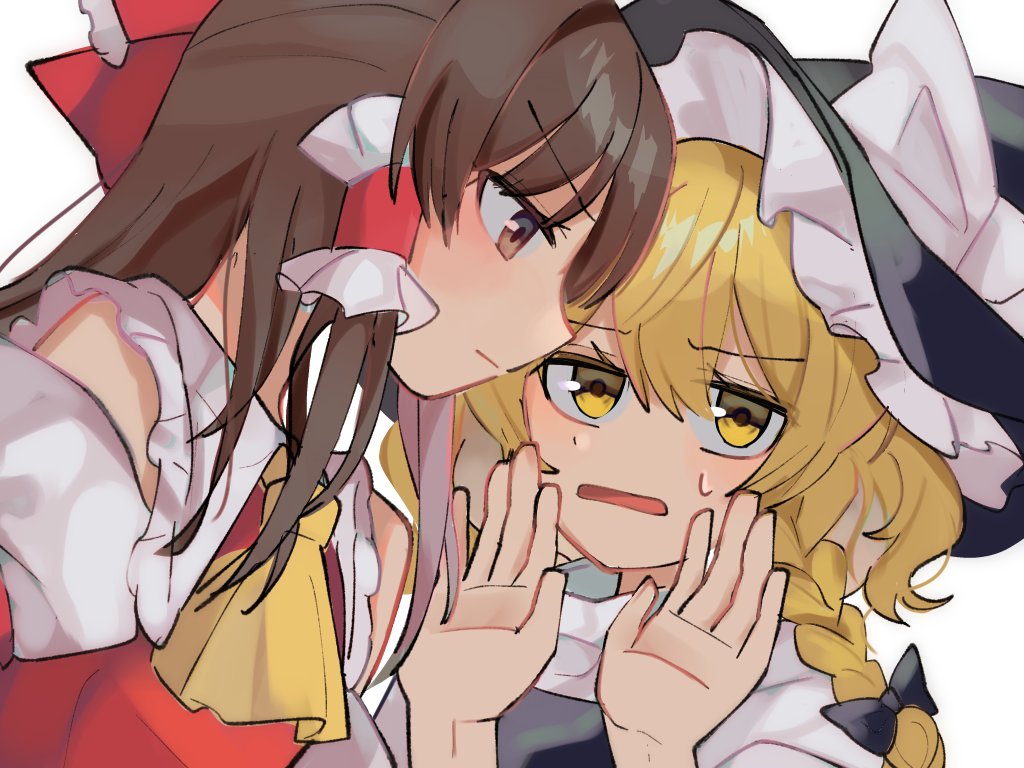 2girls ascot bangs black_bow black_headwear black_vest bow braid brown_eyes brown_hair closed_mouth detached_sleeves embarrassed eyebrows_visible_through_hair frilled_bow frilled_hair_tubes frilled_hat frills from_side hair_between_eyes hair_bow hair_tubes hakurei_reimu hands_up hat hat_bow kirisame_marisa looking_at_viewer medium_hair multiple_girls n07m25s open_mouth red_bow red_vest shirt single_braid sweatdrop touhou turtleneck upper_body vest white_bow white_shirt witch_hat yellow_ascot