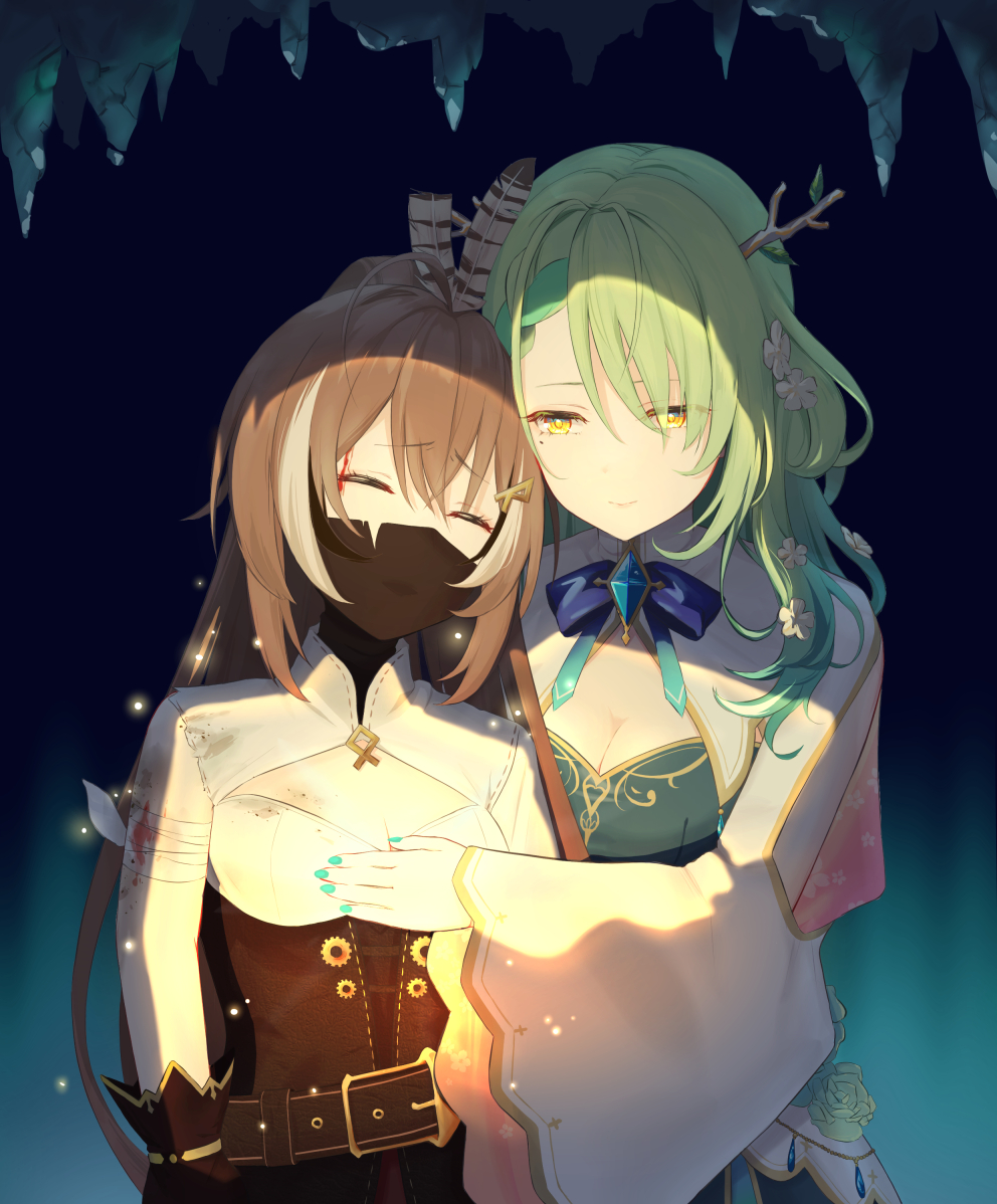 2girls antlers bandaged_arm bandages bangs black_mask bleeding blood blue_ribbon branch brown_hair ceres_fauna closed_eyes commentary crossed_bangs english_commentary feather_hair_ornament feathers flower freesia_(yueyueycw1) glowing green_eyes green_hair hair_flower hair_ornament hololive hololive_english leaning_on_person leaning_to_the_side long_hair mask mouth_mask multicolored_hair multiple_girls nanashi_mumei ponytail ribbon stalactite streaked_hair torn_clothes torn_sleeves very_long_hair virtual_youtuber yuri