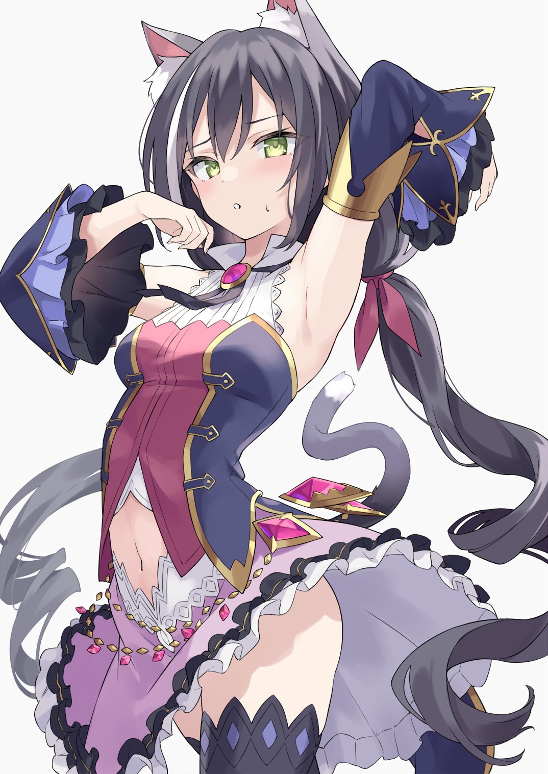 100 1girl :o animal_ear_fluff animal_ears arm_up armpits bangs black_hair black_legwear blush breasts cat_ears cat_girl cat_tail clothing_cutout collared_shirt commission corset detached_sleeves green_eyes hand_up highres karyl_(princess_connect!) long_hair looking_at_viewer low_twintails midriff multicolored_hair navel neck_ribbon open_mouth petticoat pink_skirt popped_collar princess_connect! ribbon shirt simple_background skeb_commission skirt sleeveless sleeveless_shirt small_breasts solo streaked_hair sweatdrop tail thigh-highs twintails white_background white_shirt