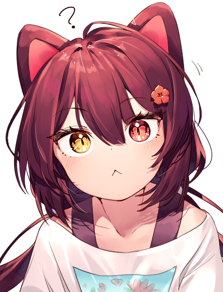 1girl :&lt; ? animal_ears blush breasts brown_hair closed_mouth dog_ears eyebrows_visible_through_hair flower hair_between_eyes hair_flower hair_ornament inui_toko nijisanji open_mouth portrait red_eyes red_flower shirt simple_background solo sukuna136 virtual_youtuber white_background white_shirt yellow_eyes