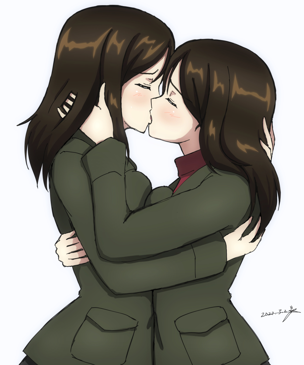 2girls black_hair blush breasts bukkuri closed_eyes dated french_kiss girls_und_panzer highres hug kiss large_breasts long_hair military military_uniform multiple_girls nonna_(girls_und_panzer) pravda_military_uniform selfcest shiny shiny_hair simple_background uniform upper_body white_background yuri