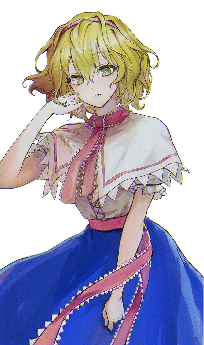 1girl alice_margatroid bangs blonde_hair blue_skirt capelet curly_hair frilled_capelet frilled_ribbon frills green_eyes hair_between_eyes hand_up headband highres looking_at_viewer neck_ribbon open_mouth puffy_short_sleeves puffy_sleeves red_headband red_ribbon red_sash ribbon sash shirt short_hair short_sleeves skirt solo t20210325 touhou white_background white_capelet white_shirt