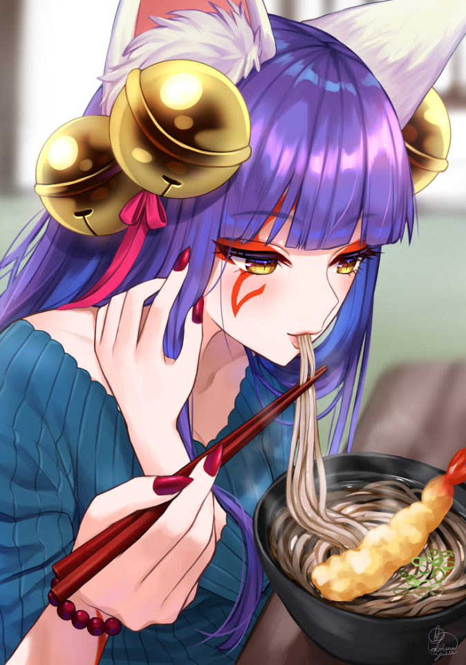 1girl animal_ear_fluff animal_ears bangs bead_bracelet beads bell blurry blurry_background bracelet chopsticks daji_(monster_strike) eating eyeshadow facial_mark food hair_bell hair_ornament hair_ribbon hands_up holding holding_chopsticks jewelry kohanayuki long_hair makeup monster_strike nail_polish noodles pink_ribbon purple_hair red_nails ribbon shrimp shrimp_tempura signature solo tempura udon yellow_eyes