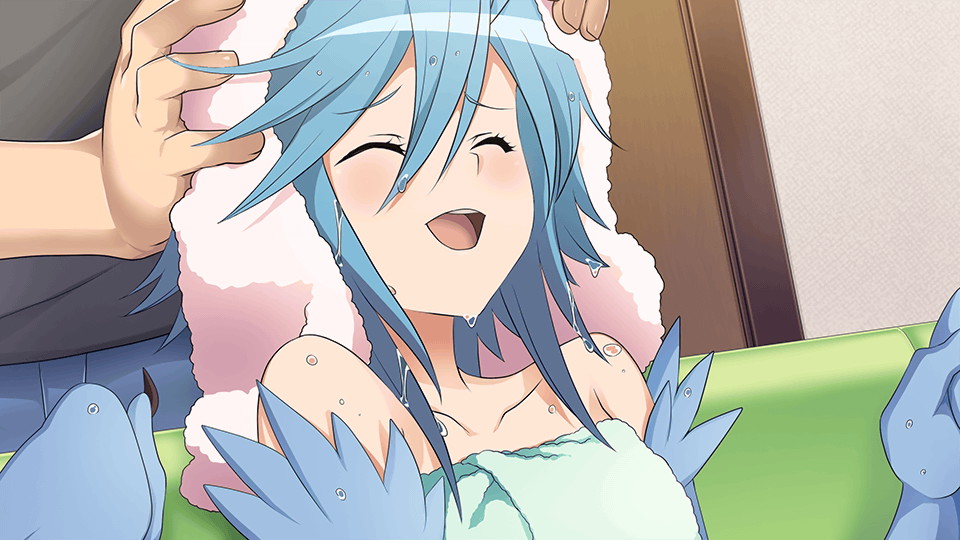 1boy 1girl artist_request bangs blue_feathers blue_hair blue_wings blush closed_eyes game_cg hair_between_eyes harpy monster_girl monster_musume_no_iru_nichijou monster_musume_no_iru_nichijou_online naked_towel official_art open_mouth papi_(monster_musume) towel towel_on_head wet winged_arms wings