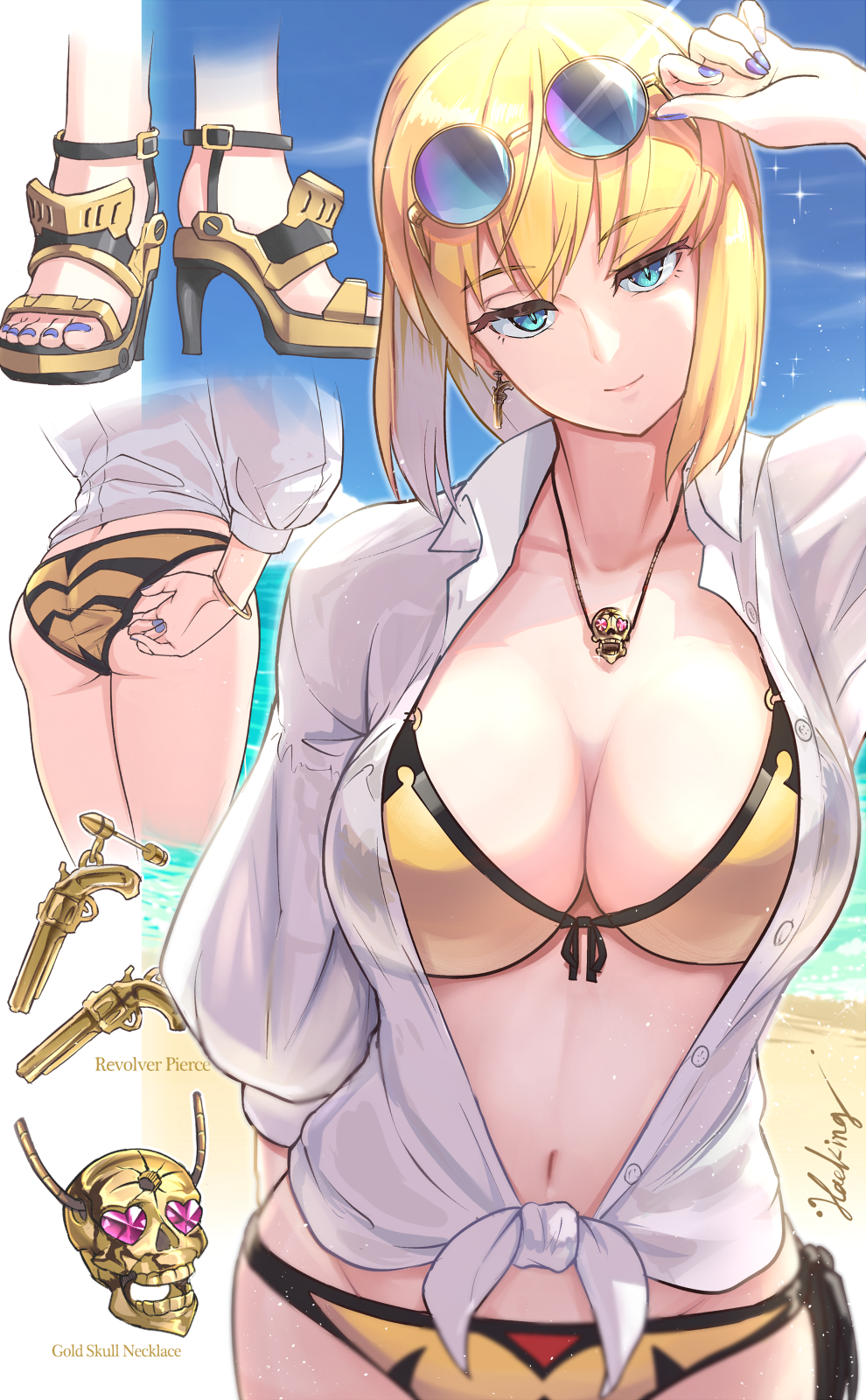 1girl adjusting_clothes adjusting_swimsuit ass beach bikini blonde_hair blue_eyes blue_nails breasts collared_shirt day earrings eve_(hawe_king) feet front-tie_bikini front-tie_top gun hawe_king head_tilt heart heart-shaped_eyes highres jewelry large_breasts looking_at_viewer multiple_views nail_polish navel necklace ocean open_clothes open_shirt original outdoors revolver sandals shirt side-tie_bikini skull_necklace sky smile sparkle sunglasses swimsuit tied_shirt toenail_polish toenails water weapon yellow_bikini