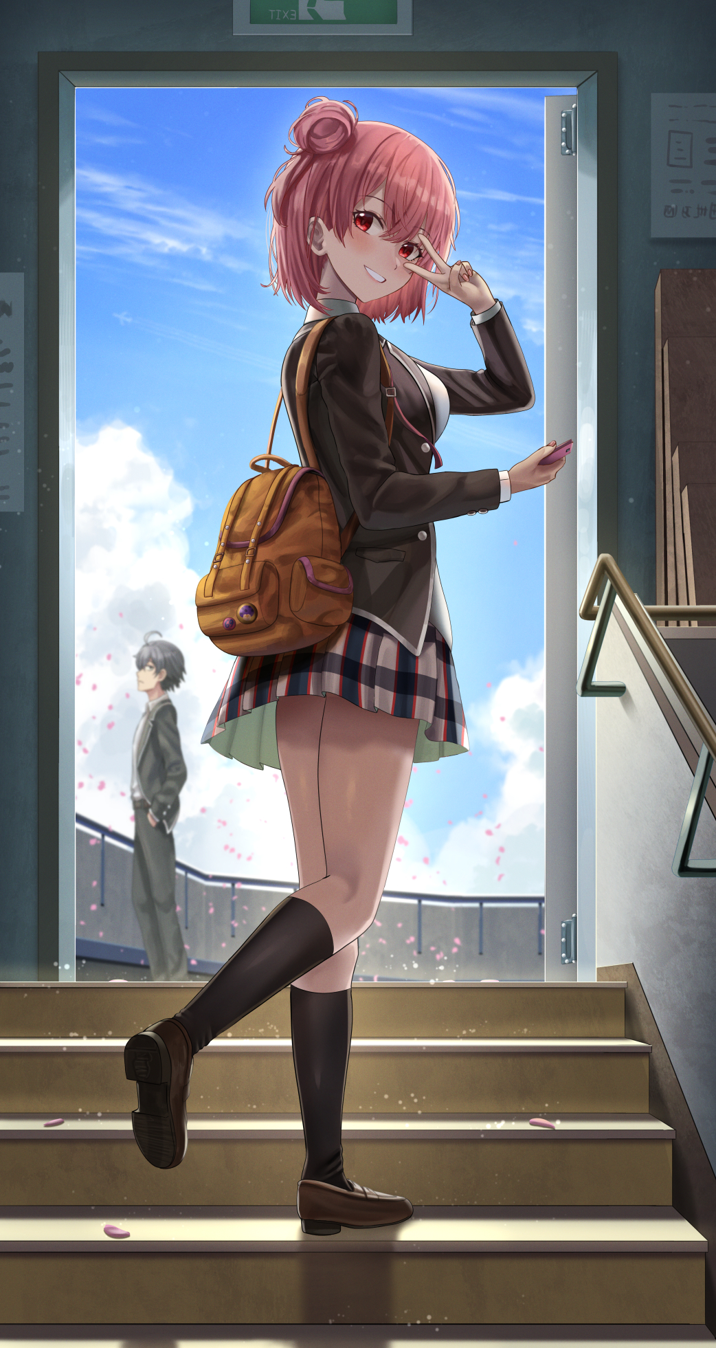 1boy 1girl bangs black_jacket black_legwear blue_sky blush breasts collared_shirt hair_between_eyes hair_bun highres hikigaya_hachiman jacket kneehighs large_breasts loafers long_hair looking_at_viewer medium_hair petals pink_hair plaid plaid_skirt pleated_skirt red_eyes school_uniform shirt shoes silvertsuki skirt sky smile sobu_high_school_uniform solo yahari_ore_no_seishun_lovecome_wa_machigatteiru. yuigahama_yui