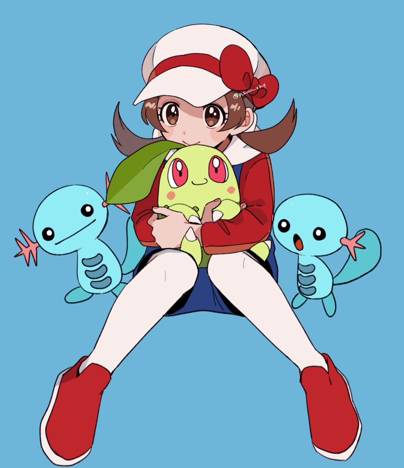 1girl blue_background blue_overalls blush_stickers bow brown_eyes brown_hair cabbie_hat chikorita closed_mouth commentary_request hat hat_bow highres holding holding_pokemon long_hair lyra_(pokemon) momotose_(hzuu_xh4) overalls pokemon pokemon_(creature) pokemon_(game) pokemon_hgss red_bow red_footwear red_shirt shirt shoes simple_background smile thigh-highs twintails twitter_username white_headwear white_legwear wooper