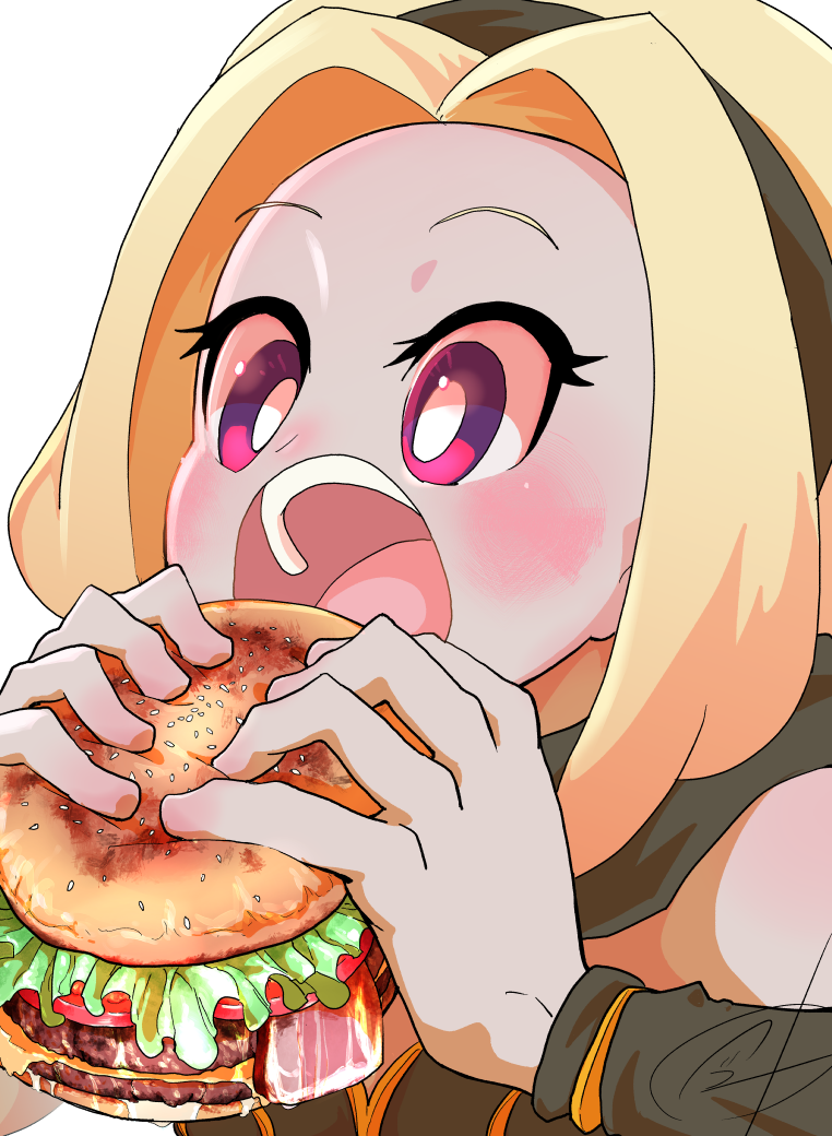 1girl bacon blonde_hair blush burger cheese dark_skin eating food gravity_daze gravity_daze_2 holding holding_food kitten_(gravity_daze) lettuce open_mouth pungter scarf sesame_seeds tomato violet_eyes white_background