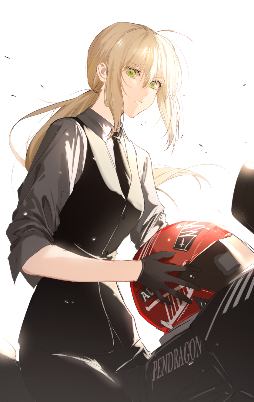 1girl ahoge artoria_pendragon_(fate) black_gloves blonde_hair bsq fate/grand_order fate/stay_night fate/zero fate_(series) gloves green_eyes ground_vehicle headwear_removed helmet helmet_removed highres long_hair looking_at_viewer motor_vehicle motorcycle necktie open_mouth ponytail saber shirt simple_background solo vest vest_over_shirt white_background