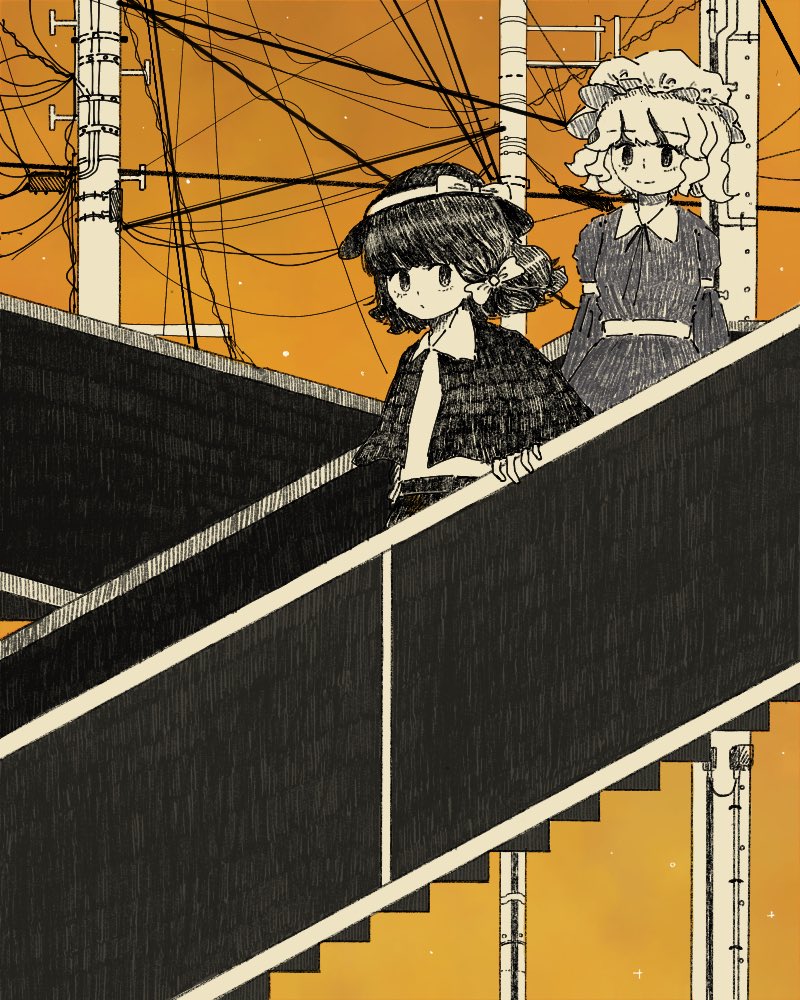 2girls arm_strap bangs blunt_bangs bow capelet collared_dress collared_shirt dress fedora hair_bow hand_on_railing hat hat_bow long_sleeves looking_at_another looking_at_viewer maribel_hearn multiple_girls neck_ribbon p_r_f_m_4 railing ribbon sash shirt short_hair skirt smile stairs touhou upper_body usami_renko utility_pole wavy_hair wire
