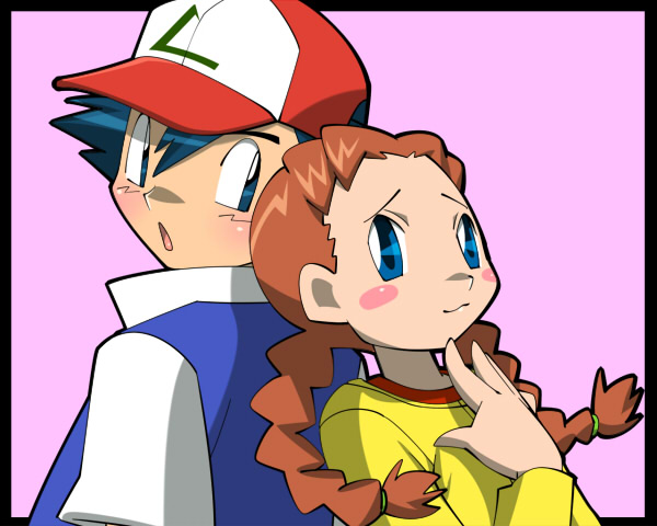 :o amada back-to-back baseball_cap blue_eyes blush_stickers braid brown_hair couple hat moe_(pokemon) pokemon pokemon_(anime) satoshi_(pokemon) satoshi_(pokemon)_(classic) twin_braids