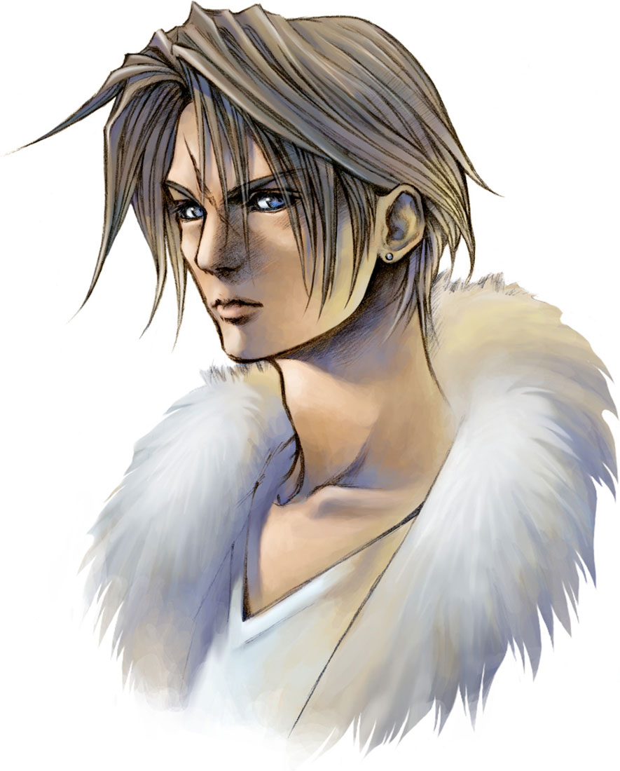 1boy blue_eyes brown_hair closed_mouth earrings facial_scar final_fantasy final_fantasy_viii fur_trim jewelry male nomura_tetsuya official_art portrait scar simple_background solo squall_leonhart v-neck white_background