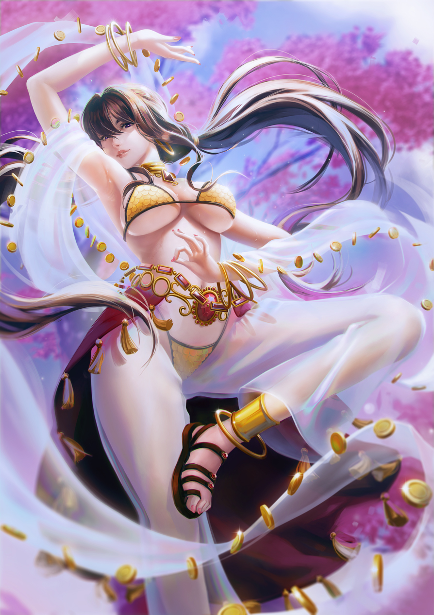 1girl anklet arm_up armpits bangs bikini bracelet breasts brown_eyes brown_footwear brown_hair cherry_blossoms commentary commission dancer dancer_(ragnarok_online) english_commentary foot_out_of_frame hair_between_eyes harem_pants highres jewelry krit_parnsanay long_hair looking_at_viewer medium_breasts midriff navel pants ragnarok_online sandals see-through sequins shawl solo swimsuit tree white_pants yellow_bikini