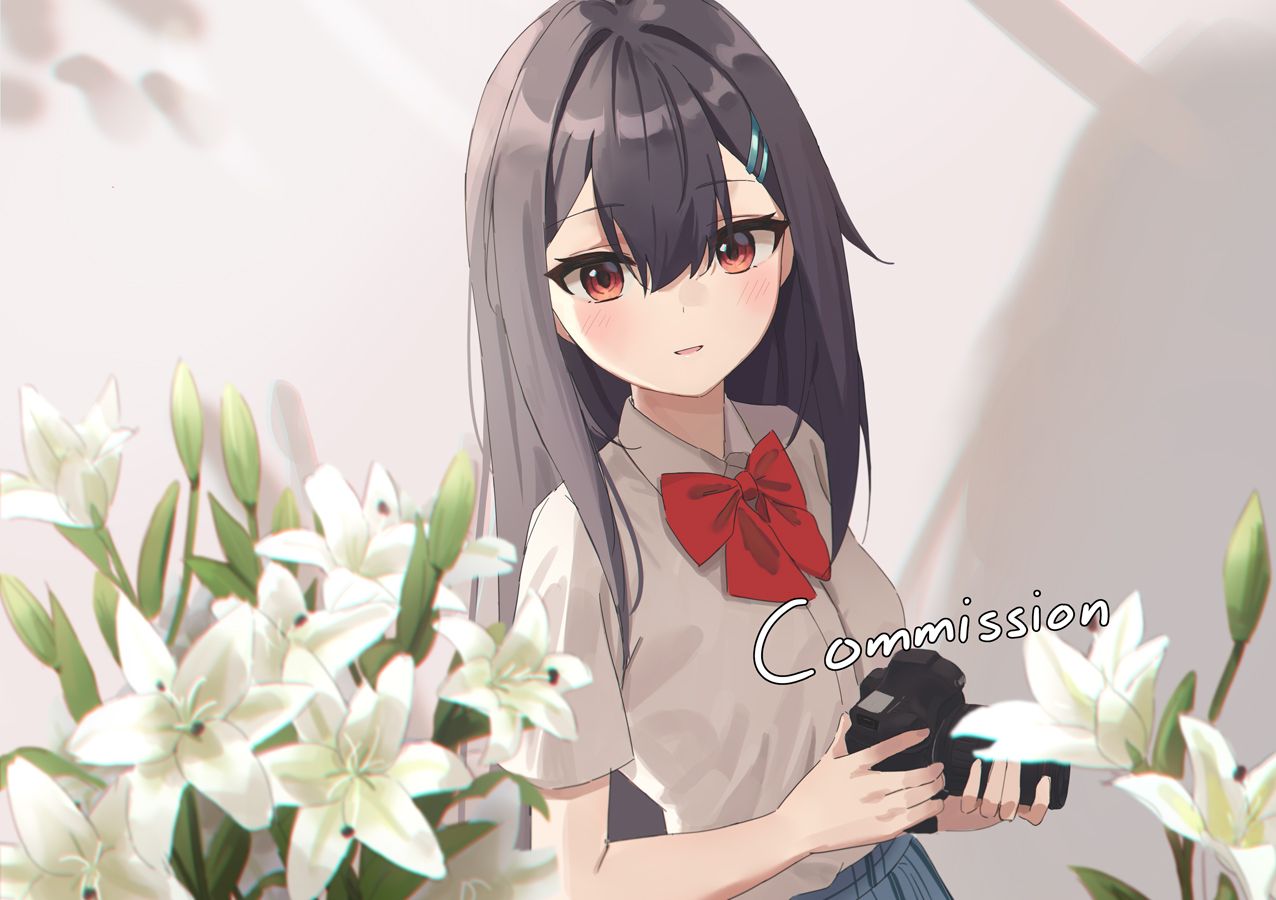 1girl black_hair bow camera collared_shirt commission flower hair_bow hair_ornament hairclip holding long_hair looking_at_viewer minn_(kangjm1107) original parted_lips red_eyes shirt short_sleeves solo upper_body white_flower white_shirt