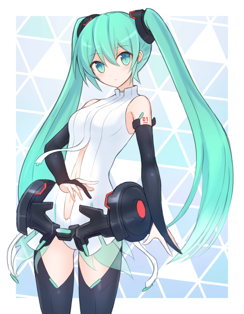 1girl bangs black_legwear black_sleeves blue_eyes blue_hair closed_mouth clothing_cutout detached_sleeves eyebrows_visible_through_hair floating_hair hair_between_eyes hatsune_miku leotard long_hair looking_at_viewer midriff miku_append navel shiny shiny_hair solo standing stomach stomach_cutout suta_(clusta) twintails very_long_hair vocaloid vocaloid_append white_leotard