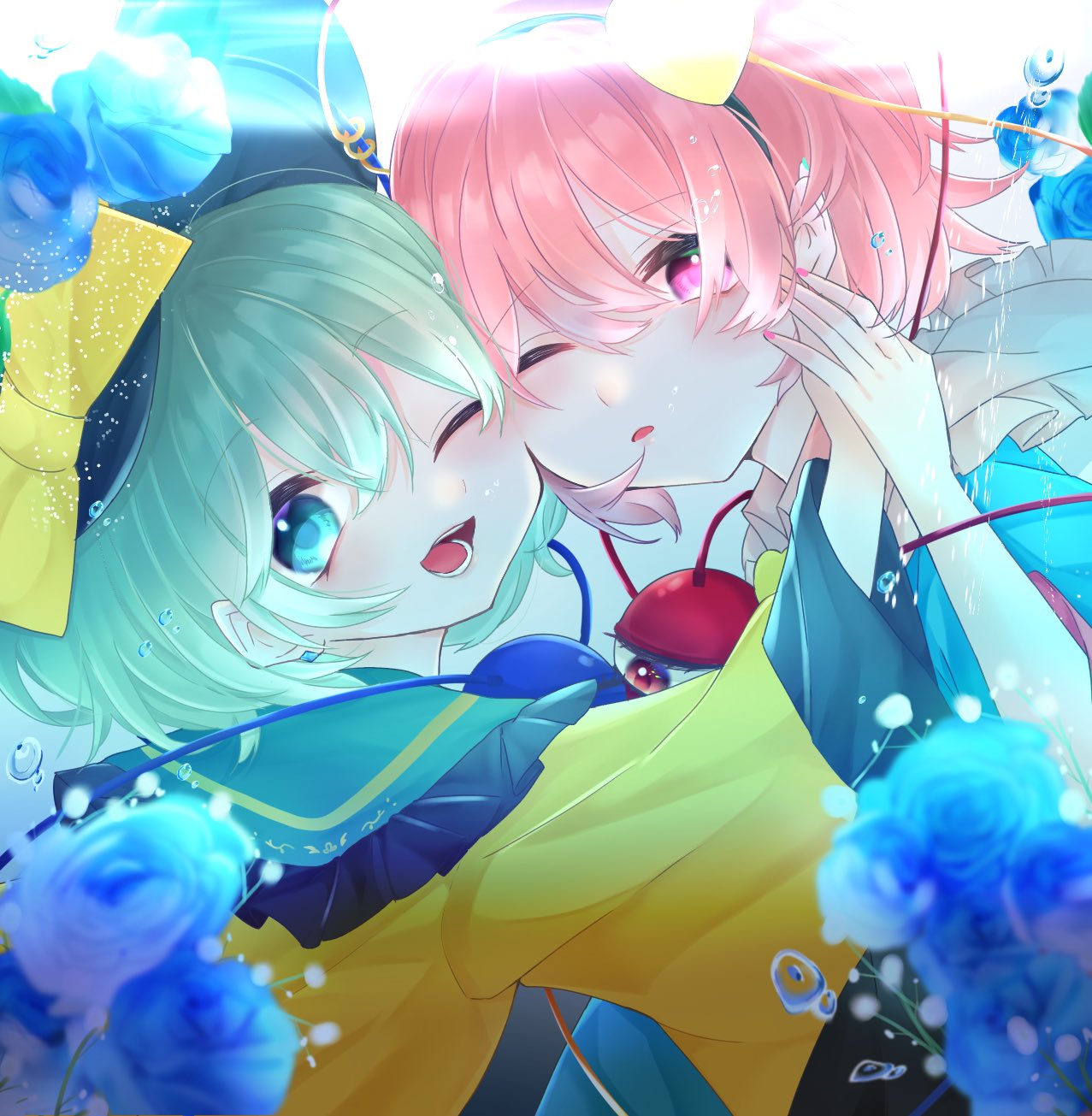 2girls :d ;d black_hairband black_headwear blouse blue_flower blue_rose blue_shirt blush bow bubble cheek-to-cheek commentary ear_piercing fingernails flower frilled_shirt_collar frilled_sleeves frills from_side green_eyes green_hair hair_between_eyes hair_ornament hairband hand_on_another's_cheek hand_on_another's_face hand_up hat hat_bow heads_together heart heart_hair_ornament highres holding_hands komeiji_koishi komeiji_satori long_sleeves looking_at_another looking_at_viewer looking_to_the_side multiple_girls nail_polish one_eye_closed open_mouth parted_lips piercing pink_eyes pink_hair pink_nails portrait red_eyes revarie_star rose shirt short_hair siblings sisters smile teeth third_eye tongue touhou wide_sleeves yellow_bow yellow_shirt