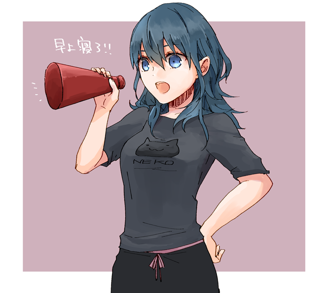 1girl alternate_costume animal_print bangs black_shirt blue_eyes blue_hair border byleth_(fire_emblem) byleth_eisner_(female) cat_print fire_emblem fire_emblem:_three_houses hair_between_eyes hand_on_hip holding long_hair open_mouth pink_ribbon print_shirt purple_background ribbon robaco shirt short_sleeves sketch solo standing straight_hair white_border