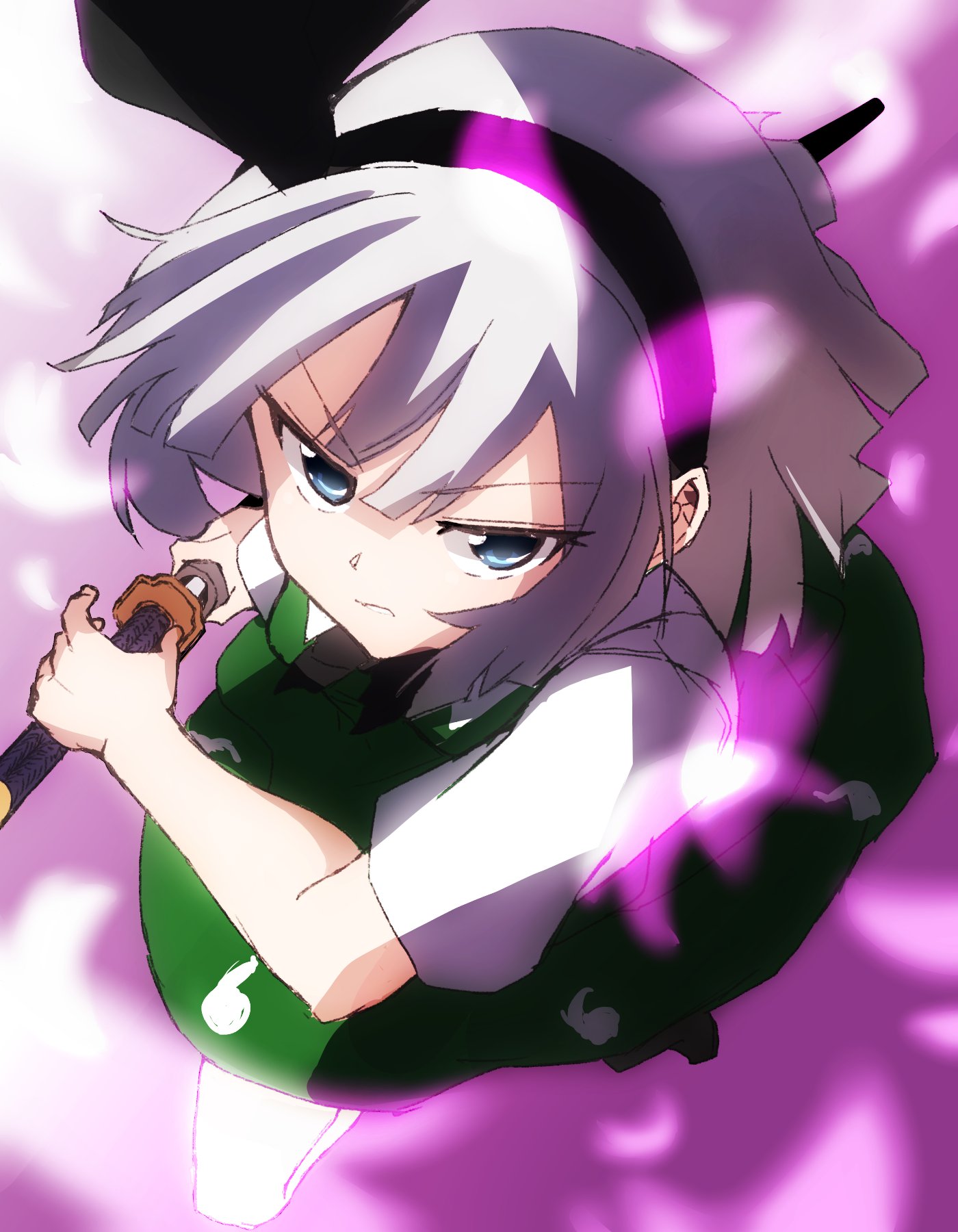 1girl black_hairband black_ribbon bob_cut breasts closed_mouth collared_shirt commentary_request fighting_stance green_skirt green_vest grey_hair hair_ribbon hairband highres hitodama katana konpaku_youmu konpaku_youmu_(ghost) petals puffy_short_sleeves puffy_sleeves ribbon s_mika2000 serious shirt short_hair short_sleeves skirt small_breasts solo sword touhou vest weapon white_shirt