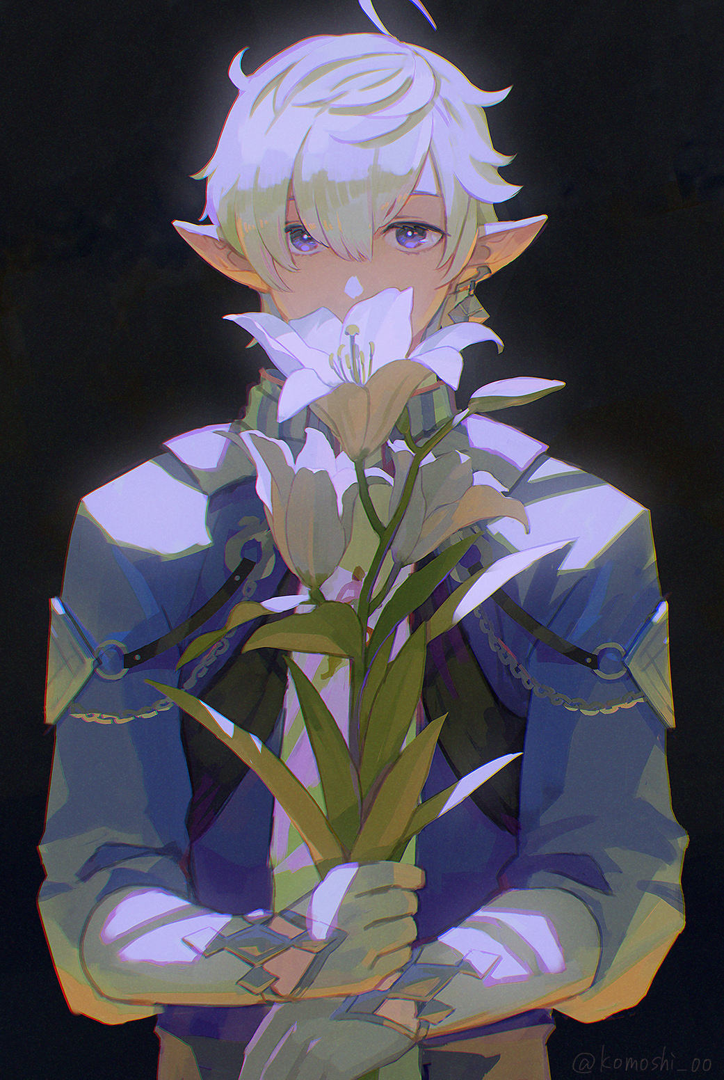 1boy ahoge alphinaud_leveilleur bangs black_background blue_coat blue_eyes coat covered_mouth earclip earrings elbow_gloves elezen elf final_fantasy final_fantasy_xiv flower gloves highres holding holding_flower jewelry komoshita lily_(flower) looking_at_viewer male_focus pointy_ears short_hair simple_background single_earring solo upper_body white_gloves white_hair