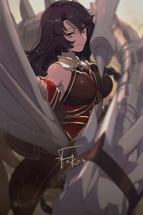1girl bangs bare_shoulders black_hair blue_eyes blush braid braided_ponytail breasts collar detached_sleeves dragon dress echo_(circa) fate/grand_order fate_(series) hephaestion_(fate) large_breasts long_hair looking_at_viewer lord_el-melloi_ii_case_files metal_collar red_dress skeleton wide_sleeves