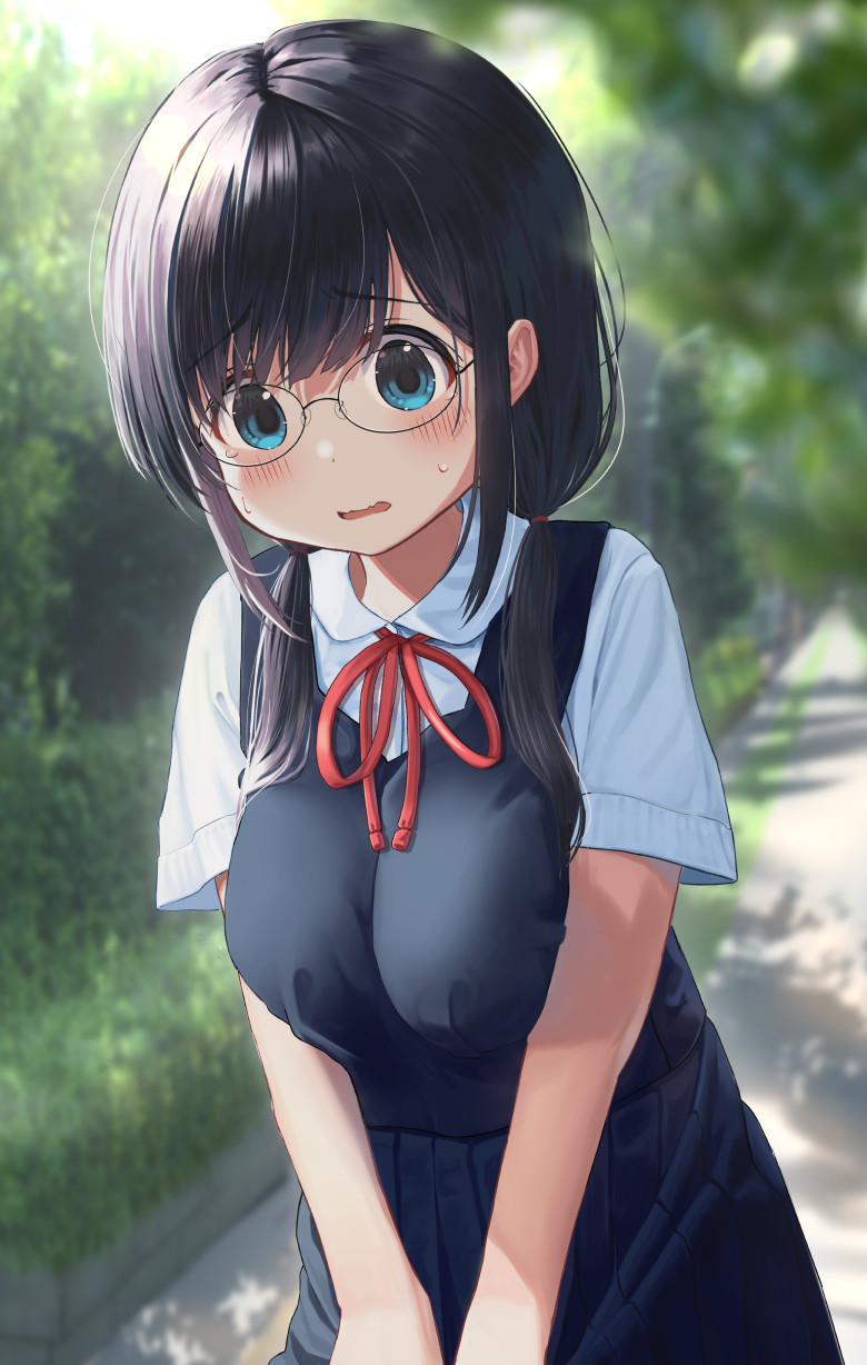 1girl bangs black-framed_eyewear black_hair blue_eyes blurry blurry_background blush breasts collared_shirt commentary_request day depth_of_field dress eyebrows_visible_through_hair glasses hair_over_shoulder highres long_hair low_twintails medium_breasts mimikaki_(men_bow) neck_ribbon original outdoors parted_lips pinafore_dress pleated_dress red_ribbon ribbon shirt short_sleeves sleeveless sleeveless_dress solo sweat twintails v_arms wavy_mouth white_shirt