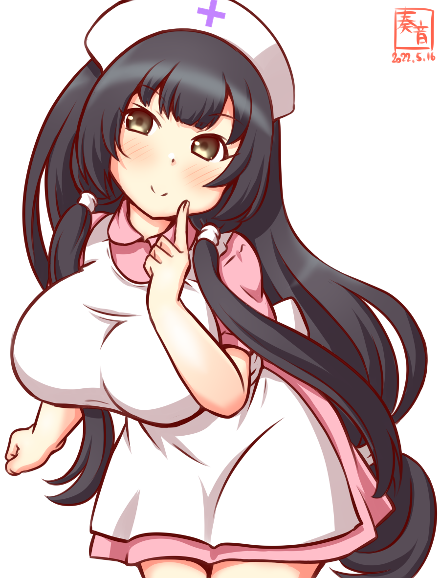 1girl alternate_costume apron artist_logo black_hair breasts brown_eyes commentary_request cowboy_shot dated dress hat kanon_(kurogane_knights) kantai_collection large_breasts leaning_forward long_hair looking_at_viewer low-tied_long_hair mizuho_(kancolle) nurse nurse_cap one-hour_drawing_challenge pink_dress sidelocks simple_background solo very_long_hair white_apron white_background