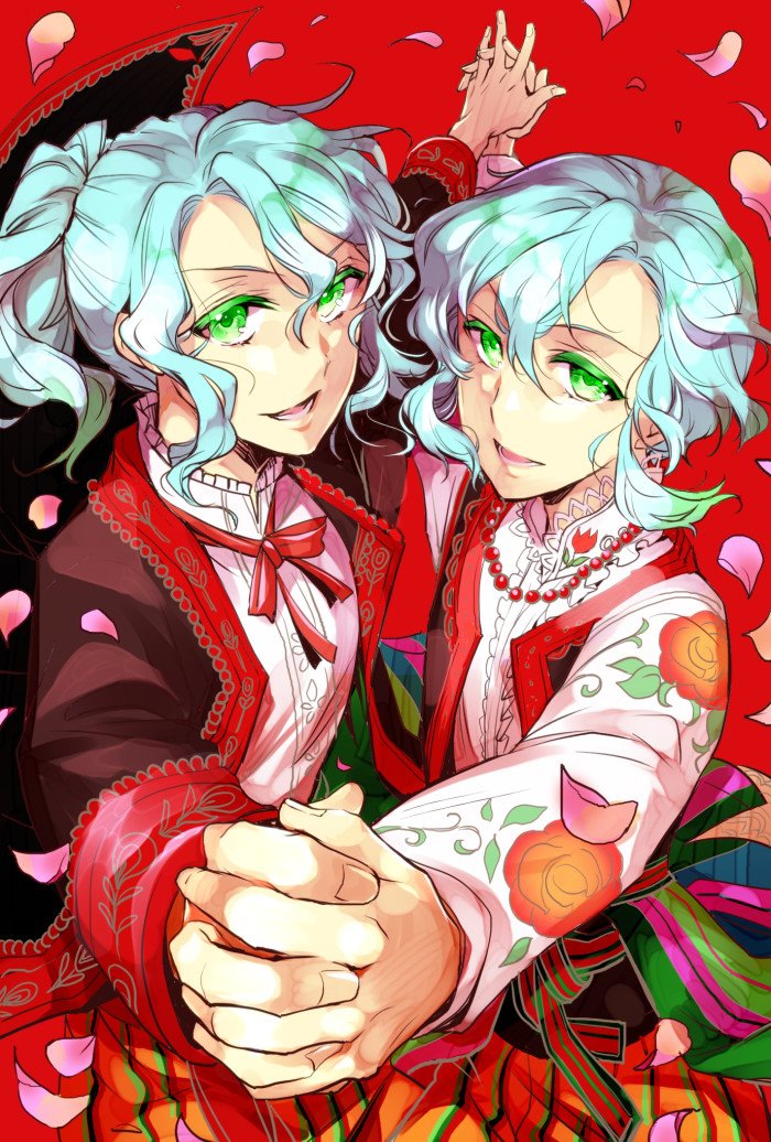 2boys :d akai_higasa bangs bead_necklace beads brown_jacket brown_vest center_frills colored_eyelashes eugene_alexandrovich_romano falling_petals fingernails floral_print frills green_eyes hair_between_eyes holding_hands ivan_alexandrovich_romano jacket jewelry light_blue_hair looking_at_viewer male_focus multiple_boys neck_ribbon necklace open_clothes open_jacket open_vest orange_pants oushitsu_kyoushi_heine pants parted_bangs petals polish_clothes ponytail red_background red_ribbon ribbon rose_print shirt short_hair_with_long_locks siblings sleeve_cuffs smile striped striped_pants twins upper_body vest wavy_hair white_shirt