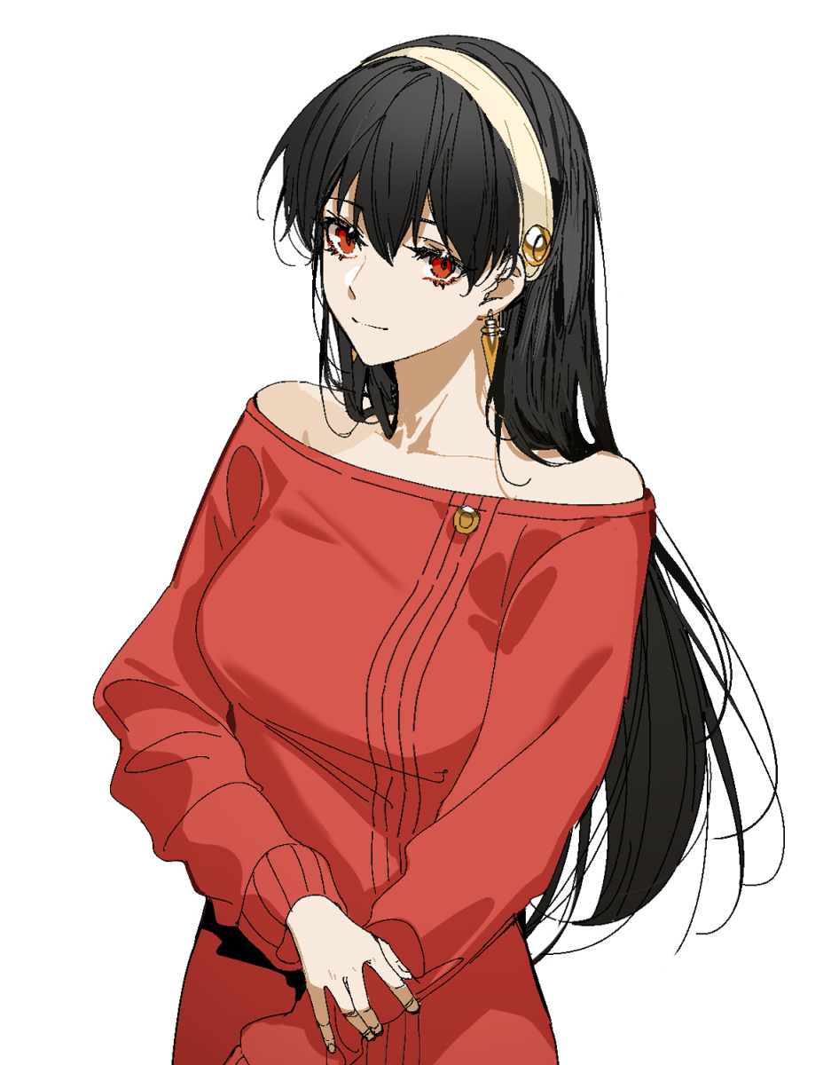 1girl arlizi black_hair breasts closed_mouth dress earrings hair_down hairband half-closed_eyes highres jewelry long_hair long_sleeves looking_at_viewer medium_breasts off-shoulder_dress off_shoulder red_dress red_eyes red_sweater simple_background smile solo spy_x_family sweater upper_body white_background yor_briar