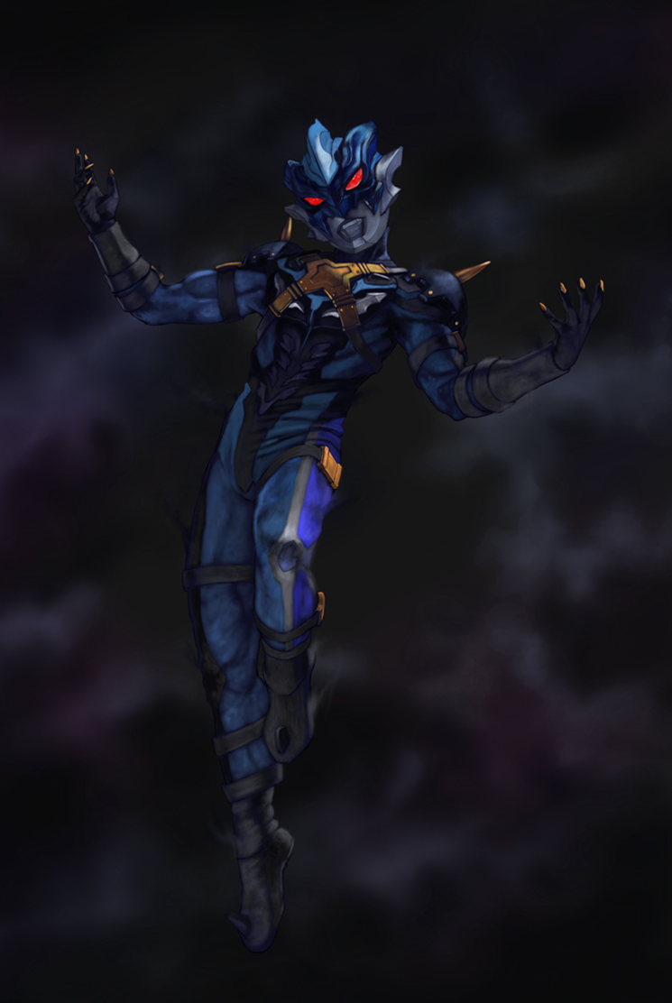 1boy alien armor black_gloves boots dorsal_fin evil evil_eyes evil_smile full_body gloves harness male_focus science_fiction smile space spikes tokusatsu ultra_series ultraman_taiga_(series) ultraman_tregear villain_pose zeze