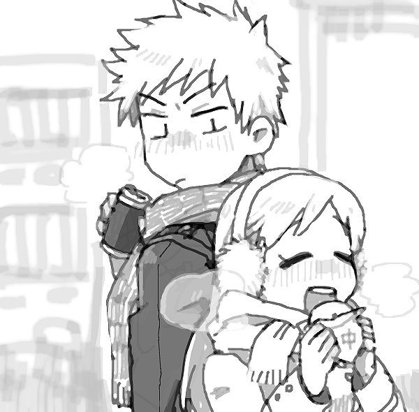 1boy 1girl bleach can closed_eyes coat earmuffs food greyscale holding holding_can holding_food inoue_orihime kurosaki_ichigo long_hair long_sleeves looking_at_another monochrome muraosa_(conjecture) open_mouth scarf short_hair spiky_hair teeth upper_body upper_teeth