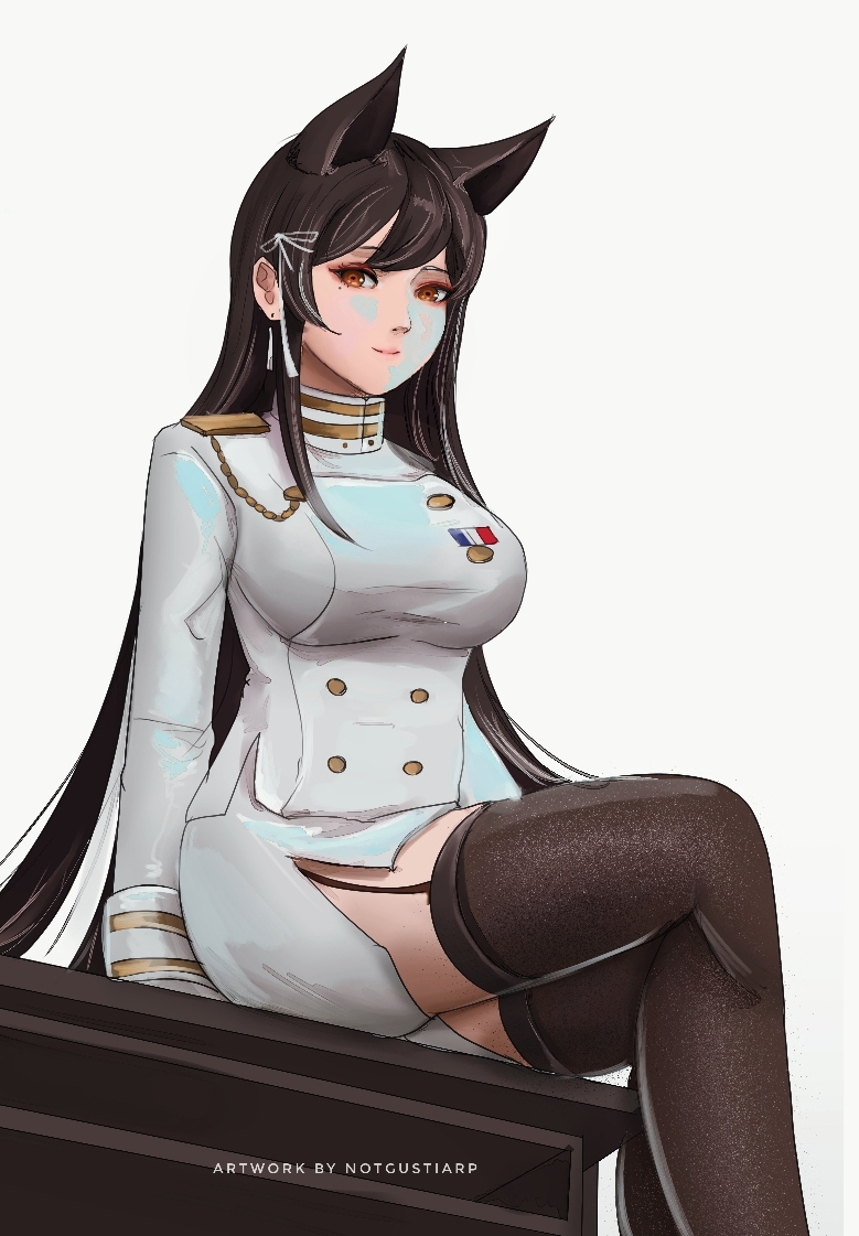 1girl animal_ears atago_(azur_lane) azur_lane black_garter_straps black_hair breasts brown_legwear buttons crossed_legs double-breasted feet_out_of_frame from_below jacket large_breasts long_hair looking_at_viewer looking_down medal military military_uniform miniskirt mole mole_under_eye naval_uniform notgustiarp pencil_skirt simple_background sitting skirt solo thigh-highs uniform very_long_hair white_background white_jacket white_skirt