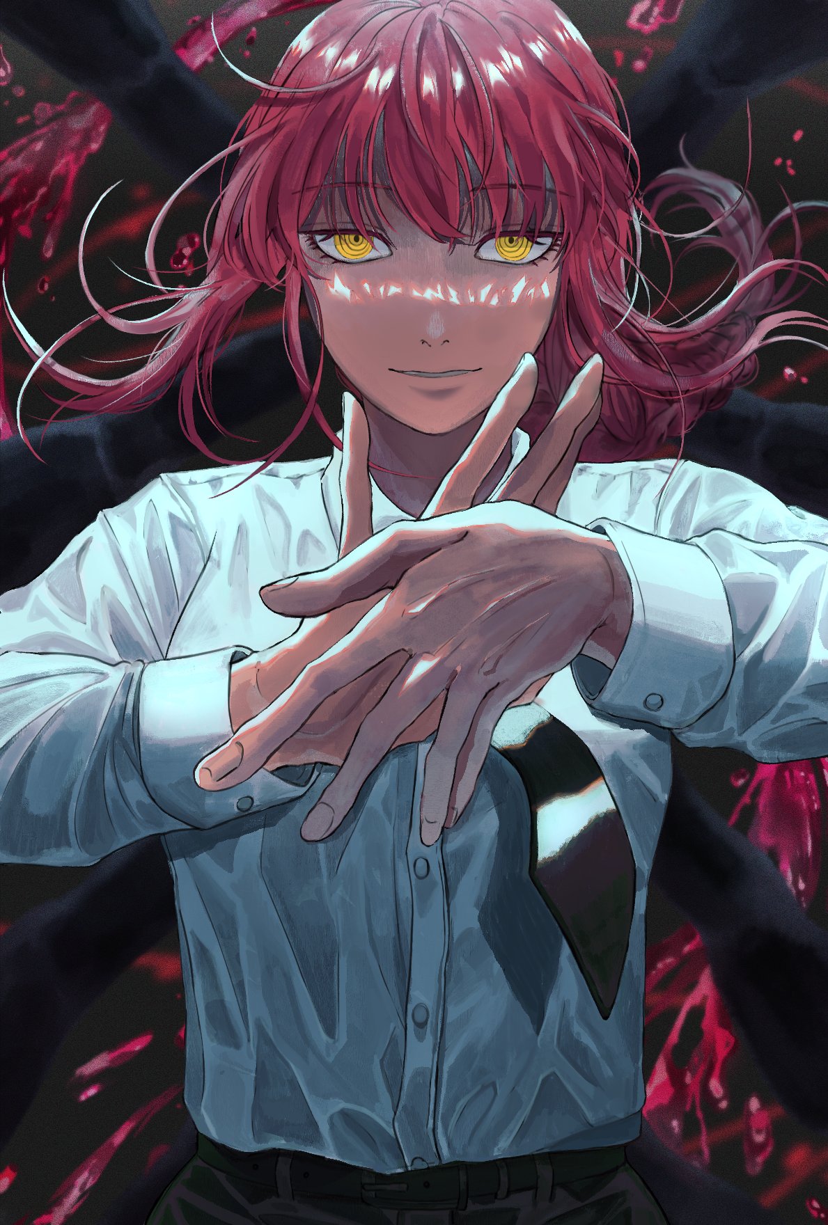 1girl bangs black_necktie blood blood_splatter blush breasts business_suit chainsaw_man dda_gae_bi formal highres long_hair long_sleeves looking_at_viewer makima_(chainsaw_man) medium_breasts necktie own_hands_together redhead ringed_eyes sinister solo suit yellow_eyes